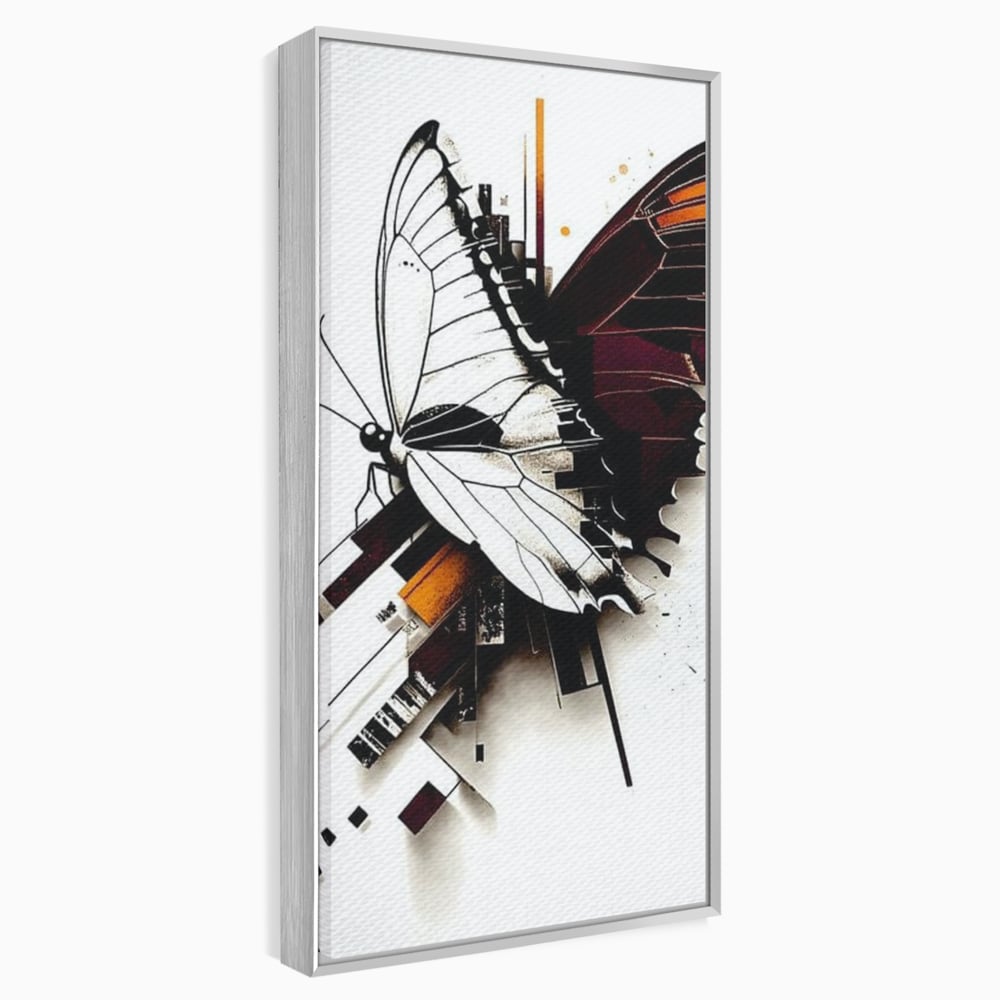 Tablou canvas cu ilustratie digitala cu fluture si linii geometrice, in rama de aluminiu argintiu